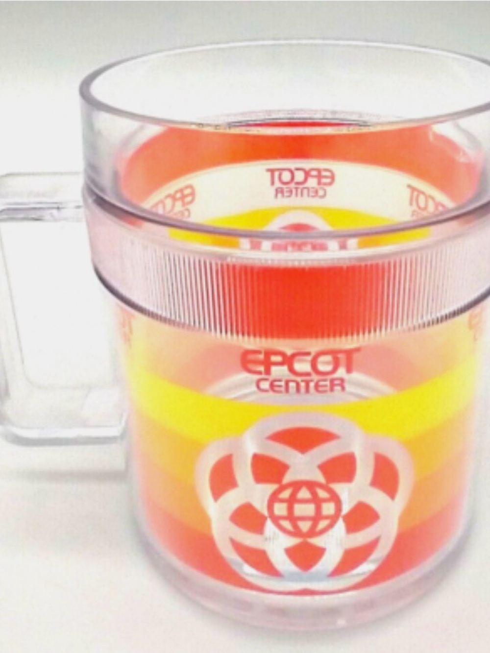Disney Epcot Center Clear Acrylic Mug with Orange and Yellow Stripes